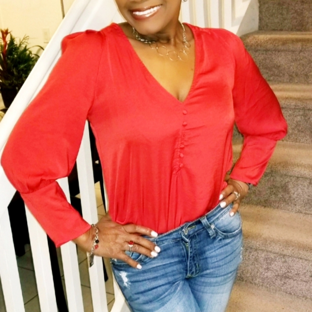 EXPRESS Long Sleeve V-Neck Red Blouse